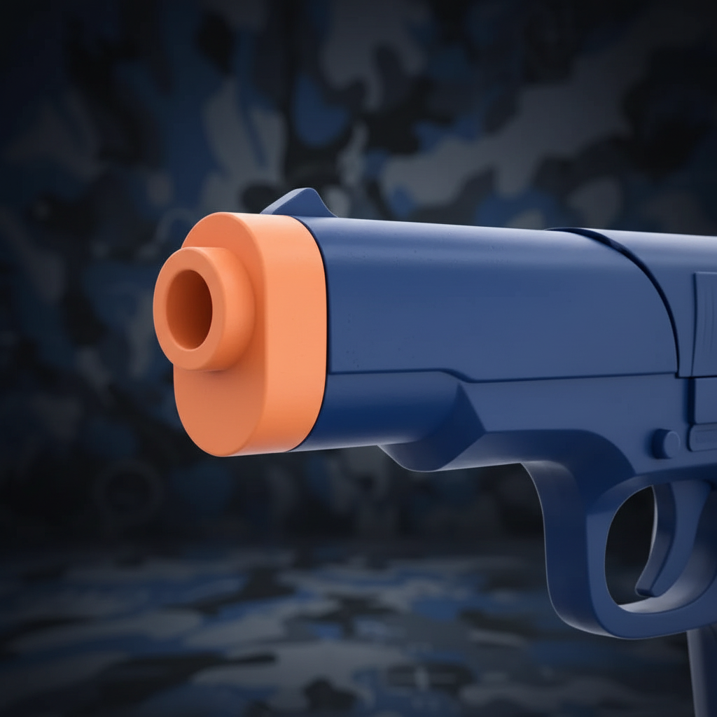 Extreme macro close-up of HTI Swat Mission toy gun orange safety muzzle and navy blue plastic body detail