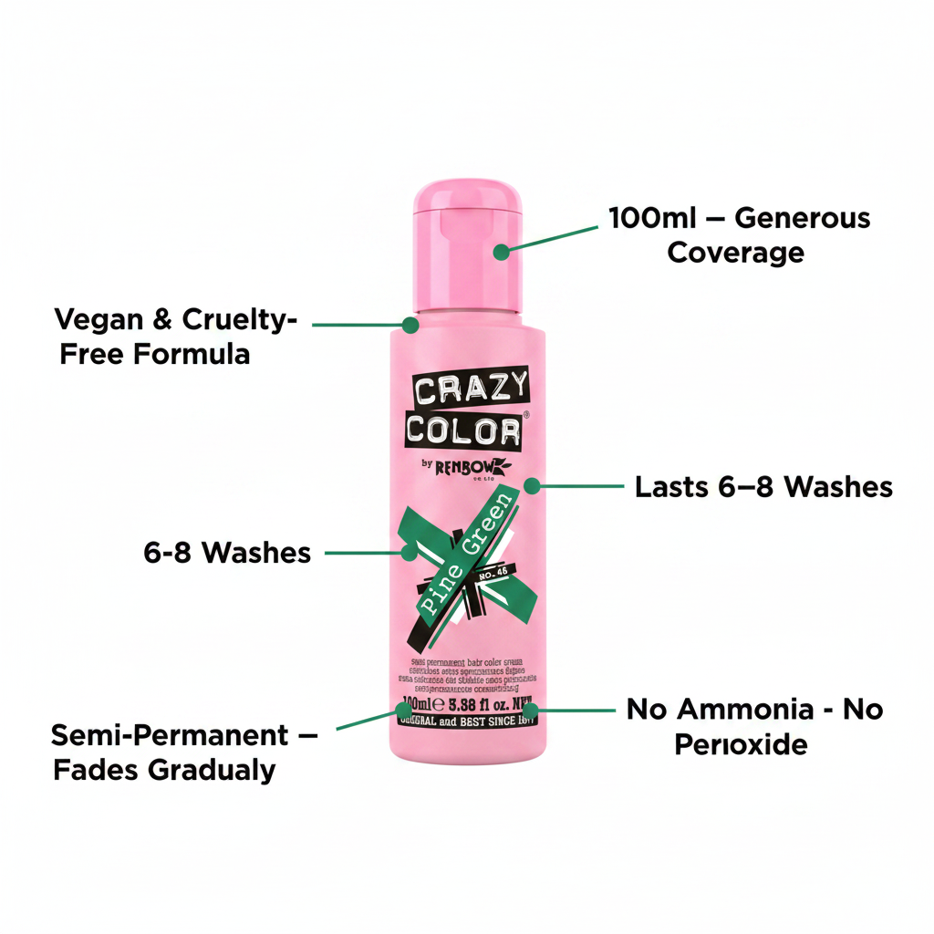Crazy Color Pine Green Hair Dye 100ml feature infographic showing vegan formula, 6-8 wash longevity and no ammonia