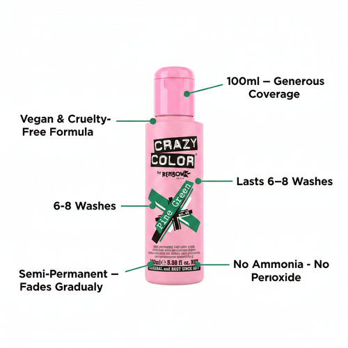 Crazy Color Pine Green Hair Dye 100ml feature infographic showing vegan formula, 6-8 wash longevity and no ammonia