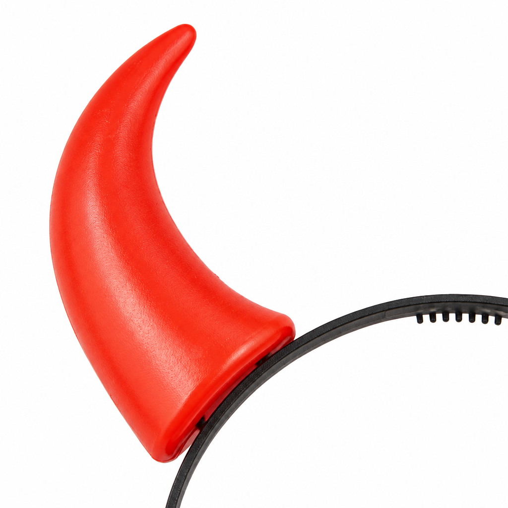 Close-up of a red plastic devil horn attached to the black headband.