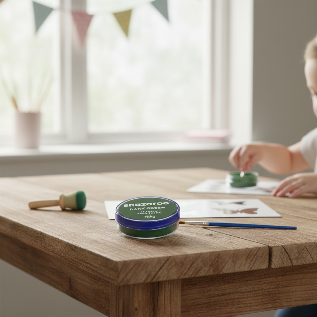 Snazaroo dark green face paint pot on a wooden craft table with brush and accessories, natural window light lifestyle shot