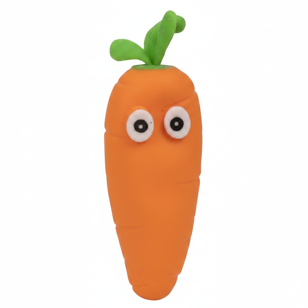 Crazy Squeezy Carrot squishy squeeze toy with orange body and googly eyes on white background