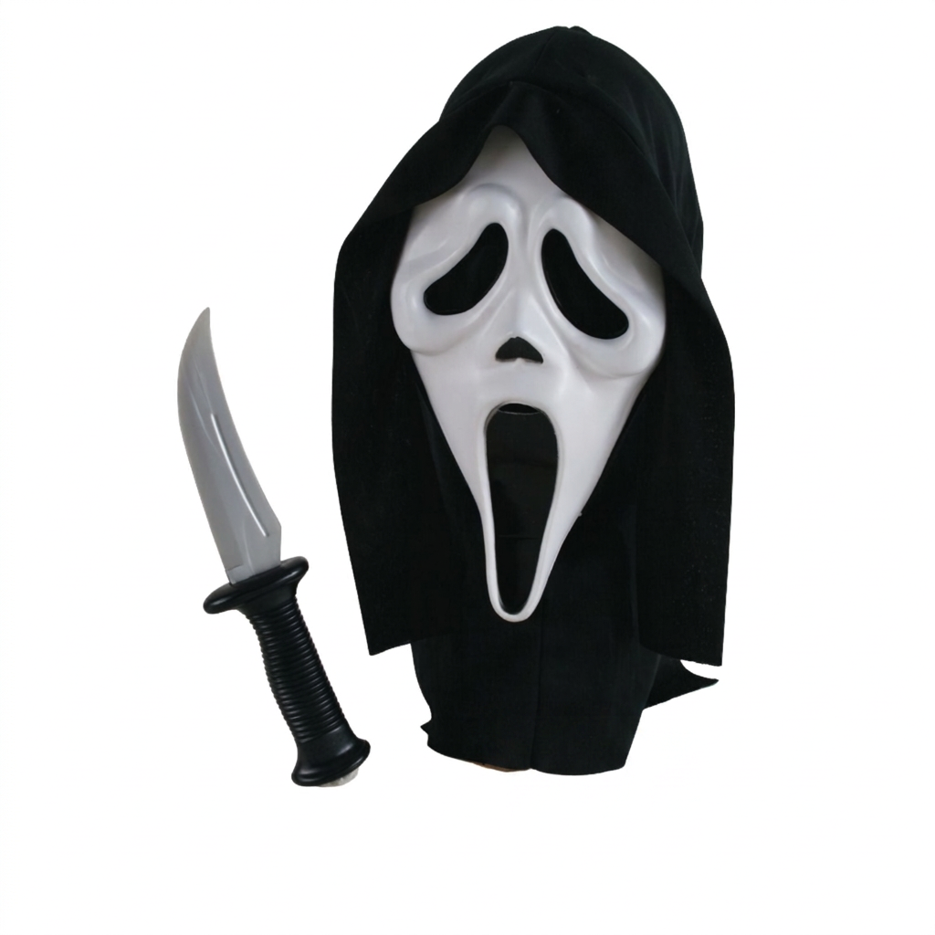Ghost Face white mask with black hood and silver costume knife on a white background