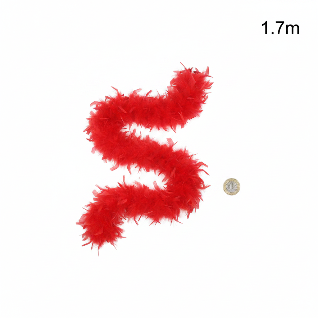 Red feather boa flat lay beside a UK £1 coin to show scale, 1.7m length, white background