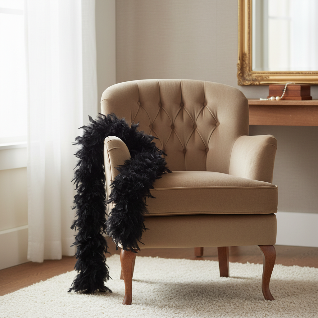 Deep matte black feather boa draped over a vintage velvet chair in an elegant dressing room, natural window light