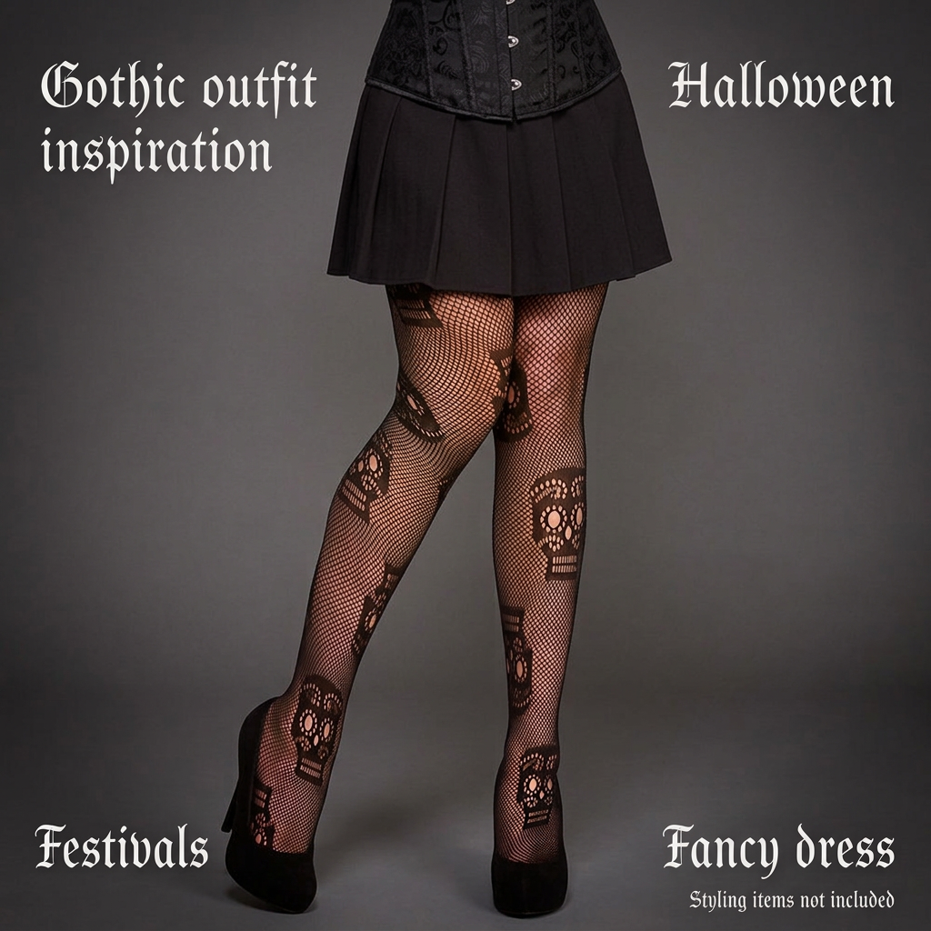 Black fishnet tights with a gothic skull and crossbones pattern, modeled on legs with a black pleated skirt and black heels against a dark gray background. Text overlays read 'Gothic outfit inspiration', 'Halloween', 'Festivals', and 'Fancy dress'.
