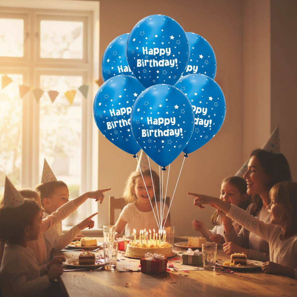 Metallic blue star Happy Birthday balloons floating above a decorated birthday party table with cake and golden hour lighting