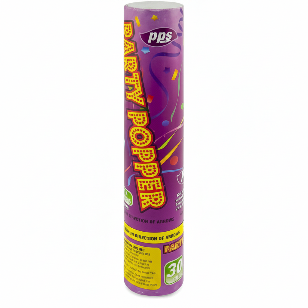 Purple 30cm colour confetti cannon party popper on white background