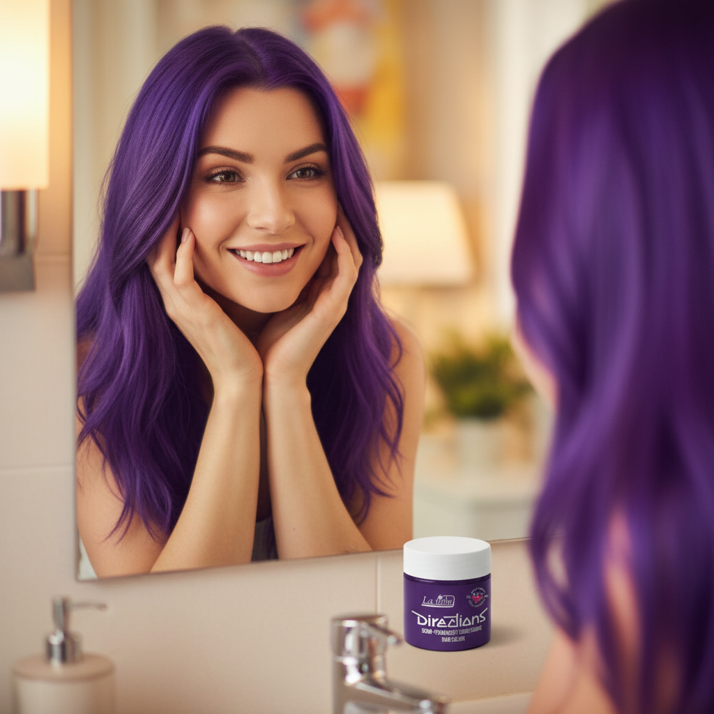 Woman with freshly dyed glossy violet hair looking in mirror, showing the beautiful result of La Riche Directions Violet hair dye