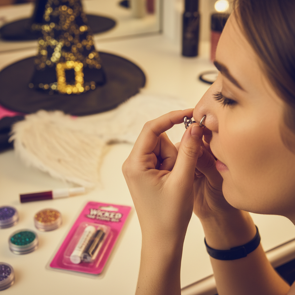 Young woman's hands clipping a silver chrome fake hoop piercing ring onto her nose mid-action getting ready for Halloween, 85mm bokeh simulation with hot pink Wicked Costumes blister pack visible in background