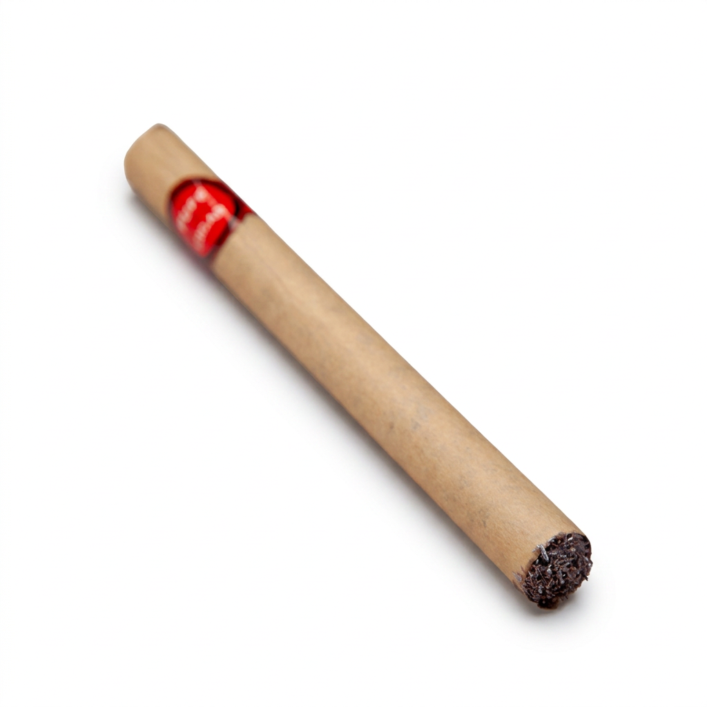 A single natural brown paper cigar with a red band near one end, shown diagonally on a clean white background.