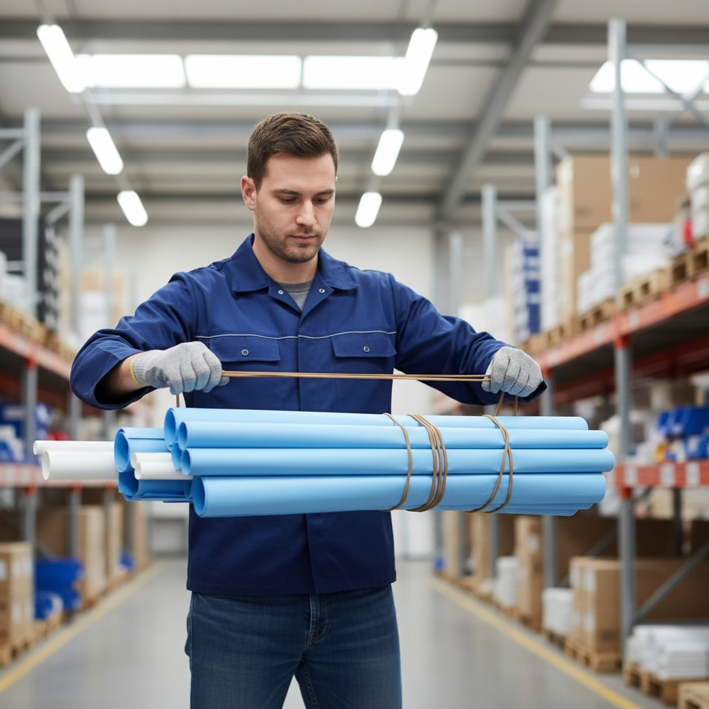 Warehouse worker securing rolled documents with heavy duty elastic bands