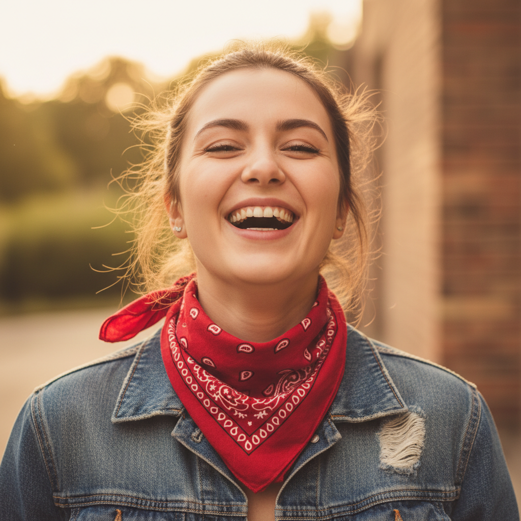 Woman wearing red and white paisley bandana as neckerchief, laughing candidly in denim jacket