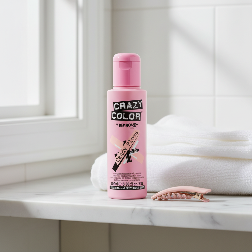 Crazy Color Candy Floss No.65 hair dye bottle styled on a marble bathroom shelf with natural window light