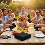 Black luncheon napkins at a sunny outdoor garden party with family and friends