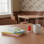 Bingo ticket pads with pastel strips arranged on a wooden pub table with dabber and tea, natural window light