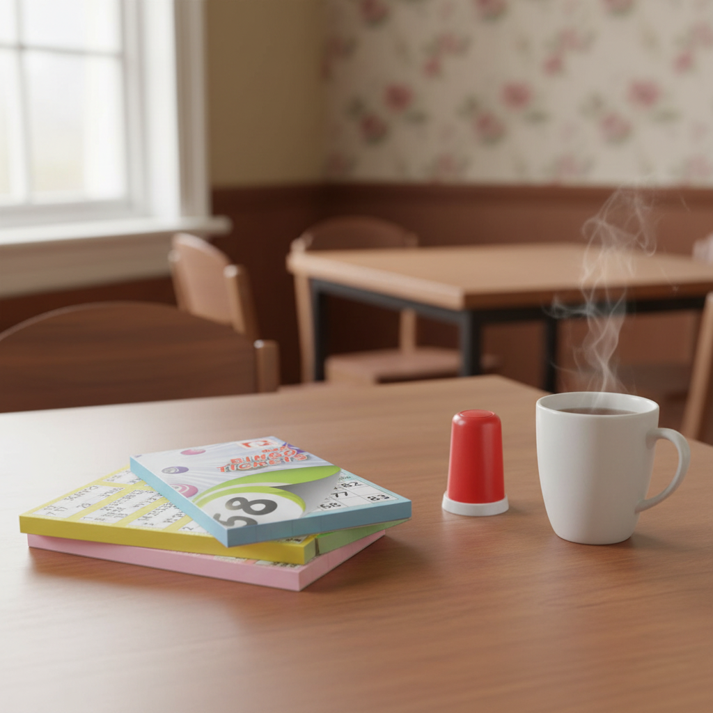 Bingo ticket pads with pastel strips arranged on a wooden pub table with dabber and tea, natural window light