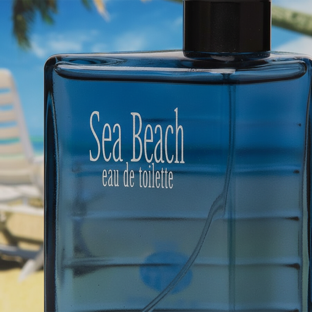 Extreme macro close-up of Real Time Sea Beach EDT deep ocean blue ribbed glass bottle texture and white branding