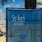 Extreme macro close-up of Real Time Sea Beach EDT deep ocean blue ribbed glass bottle texture and white branding