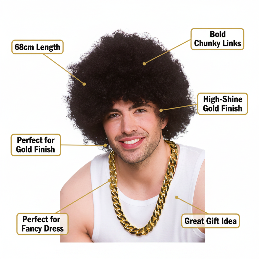 Chunky gold chain necklace 68cm feature infographic with 5 A+ callout labels on white background