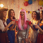 Group of women at costume party, one wearing pink fringe wig as centre of attention