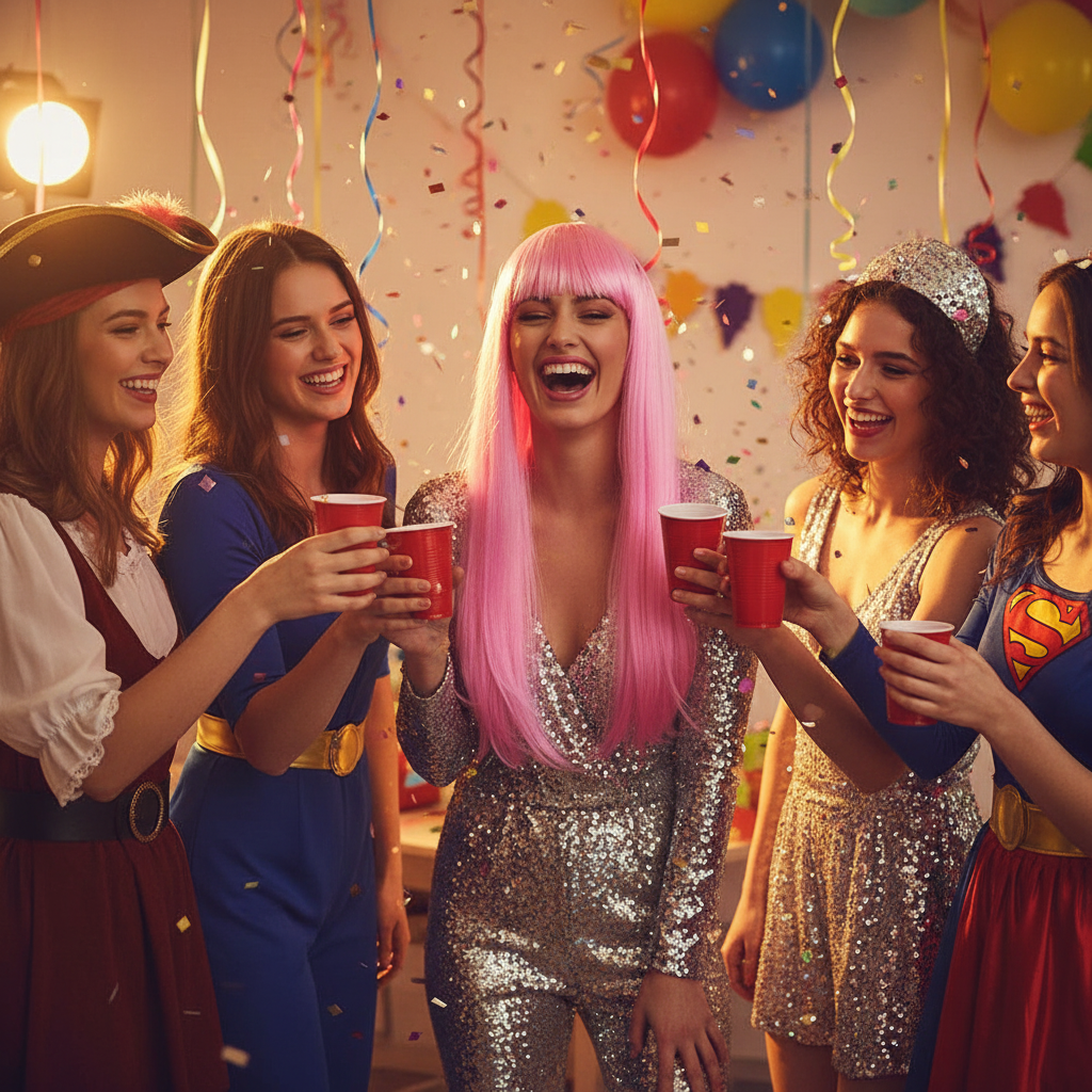Group of women at costume party, one wearing pink fringe wig as centre of attention