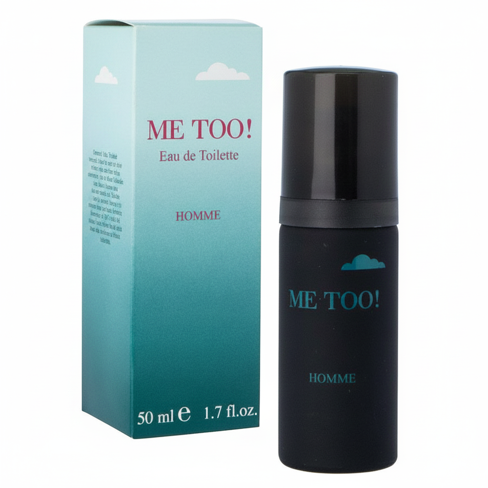 Milton Lloyd Me Too Homme 50ml EDT spray bottle and teal box on white background, studio hero shot