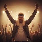 Man wearing Mens 90s Blonde Rocker Wig arms raised triumphantly on stage in golden hour light with crowd cheering, rock star confidence