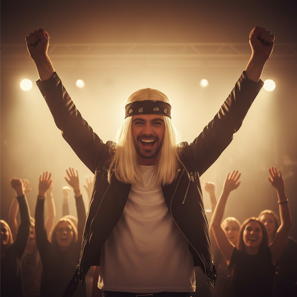 Man wearing Mens 90s Blonde Rocker Wig arms raised triumphantly on stage in golden hour light with crowd cheering, rock star confidence
