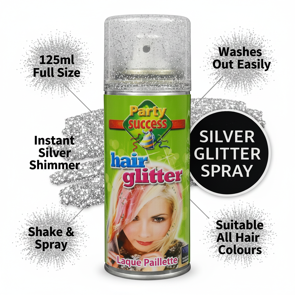 Party Success Silver Glitter Hair Spray 125ml feature infographic showing key benefits: 125ml full size, washes out easily, instant silver shimmer, shake and spray, suitable all hair colours