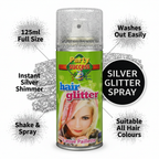 Party Success Silver Glitter Hair Spray 125ml feature infographic showing key benefits: 125ml full size, washes out easily, instant silver shimmer, shake and spray, suitable all hair colours