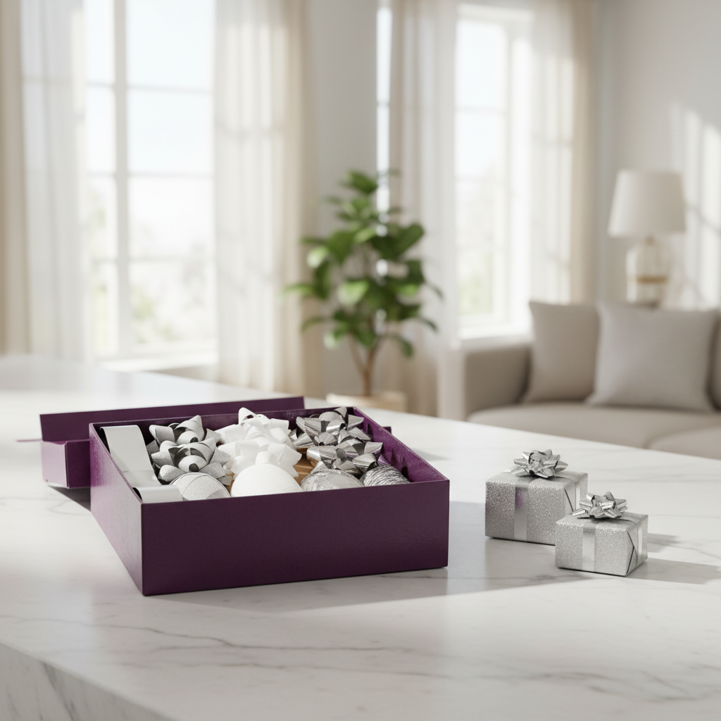 Silver bow and ribbon gift wrapping set displayed in bright home living room