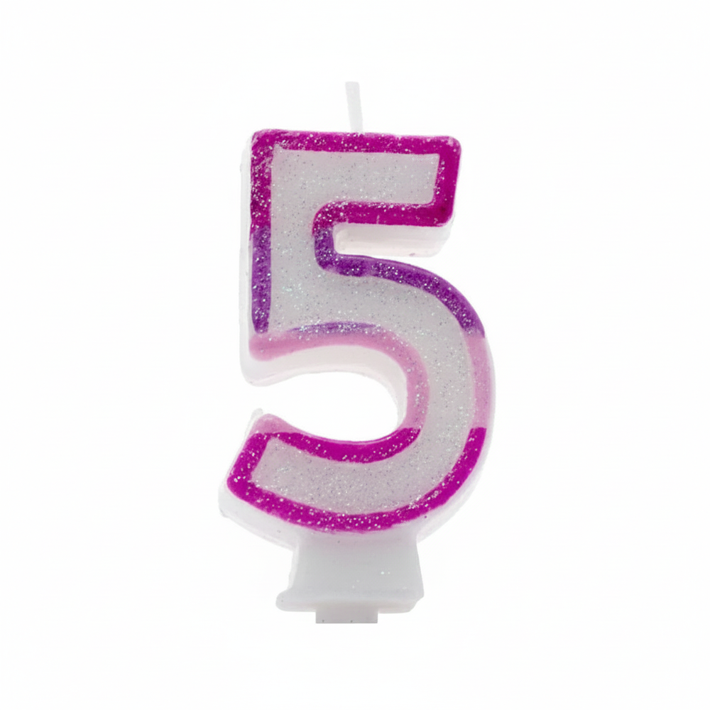 Pink glitter number 5 birthday candle on pure white background, hot magenta glitter border, pearl white wax body, studio lighting