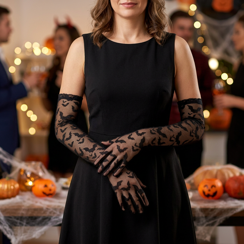 Woman wearing long black bat-pattern lace gloves with a black dress at a Halloween party.