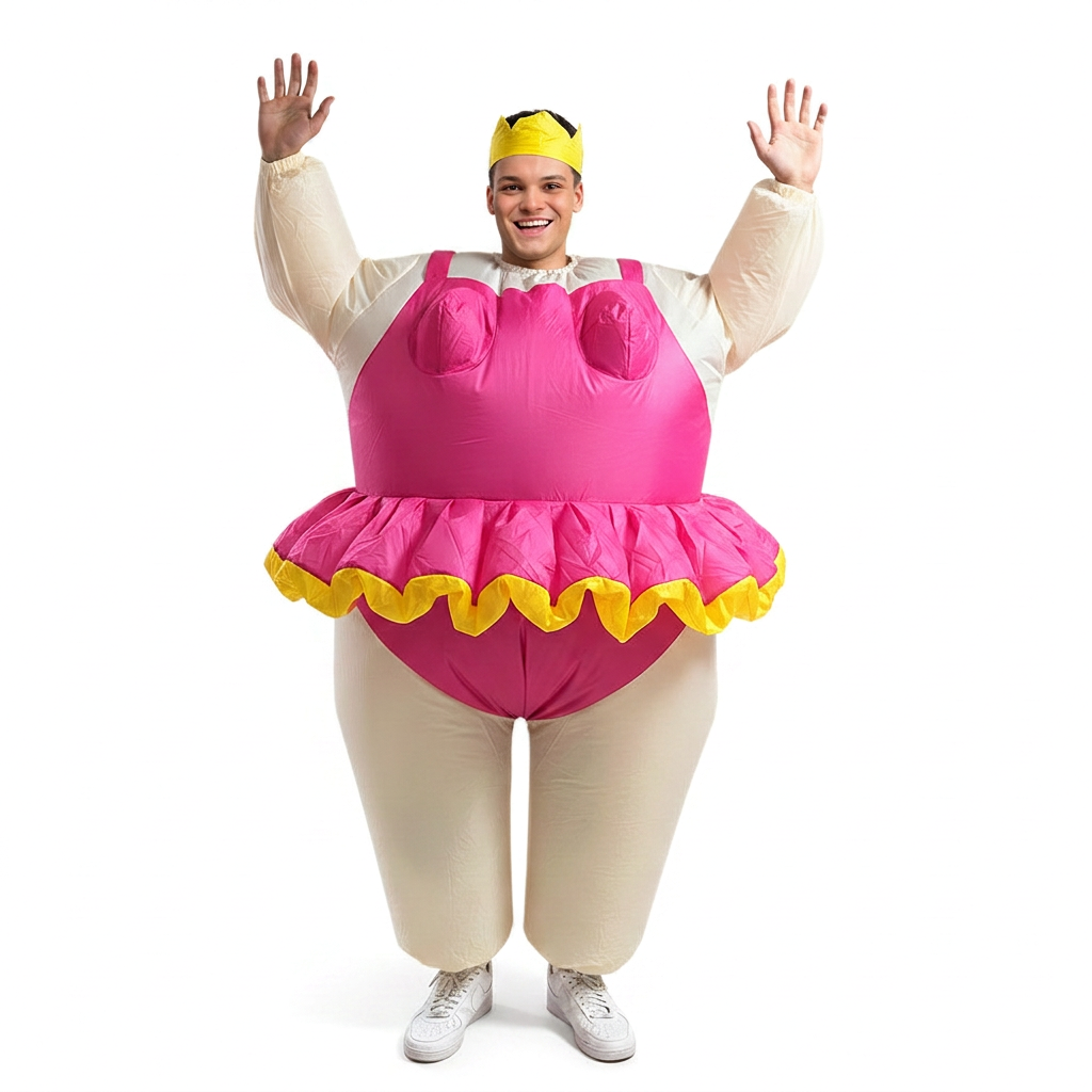 Front view of pink and yellow inflatable ballerina costume worn by a man on a white background.