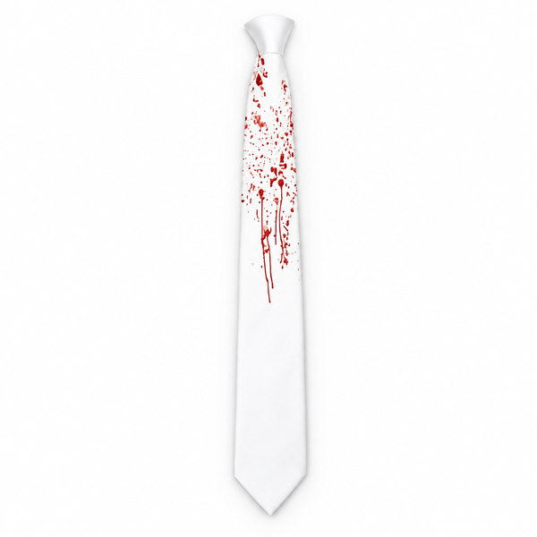 White Halloween tie with red blood splatter and drips on a white background