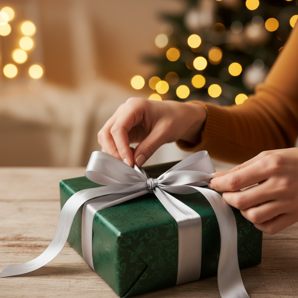 Woman's hands tying silver satin ribbon bow on a wrapped gift