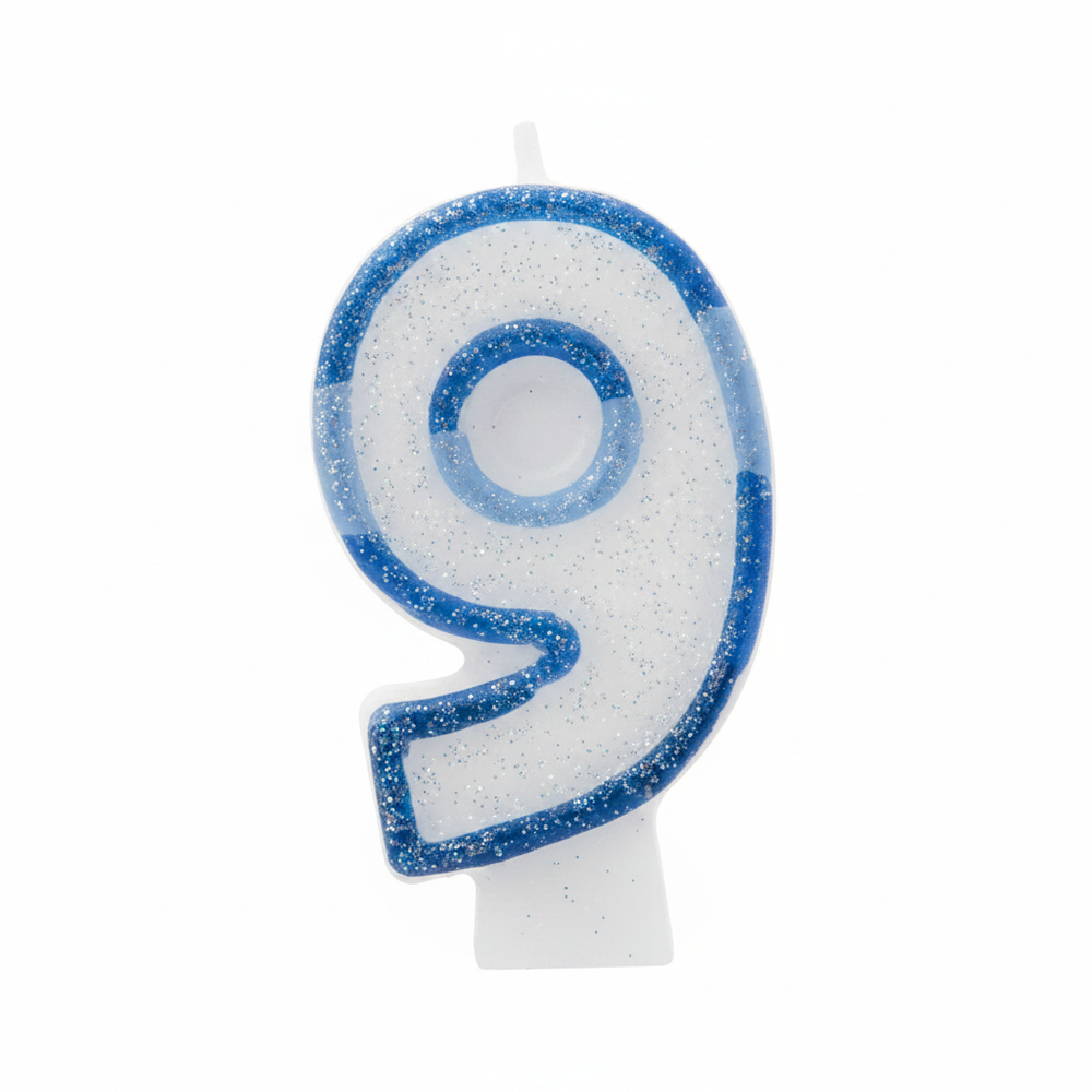 Blue glitter number 9 birthday candle on pure white background, studio lighting, Amazon and eBay compliant hero shot
