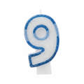 Blue glitter number 9 birthday candle on pure white background, studio lighting, Amazon and eBay compliant hero shot