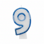 Blue glitter number 9 birthday candle on pure white background, studio lighting, Amazon and eBay compliant hero shot