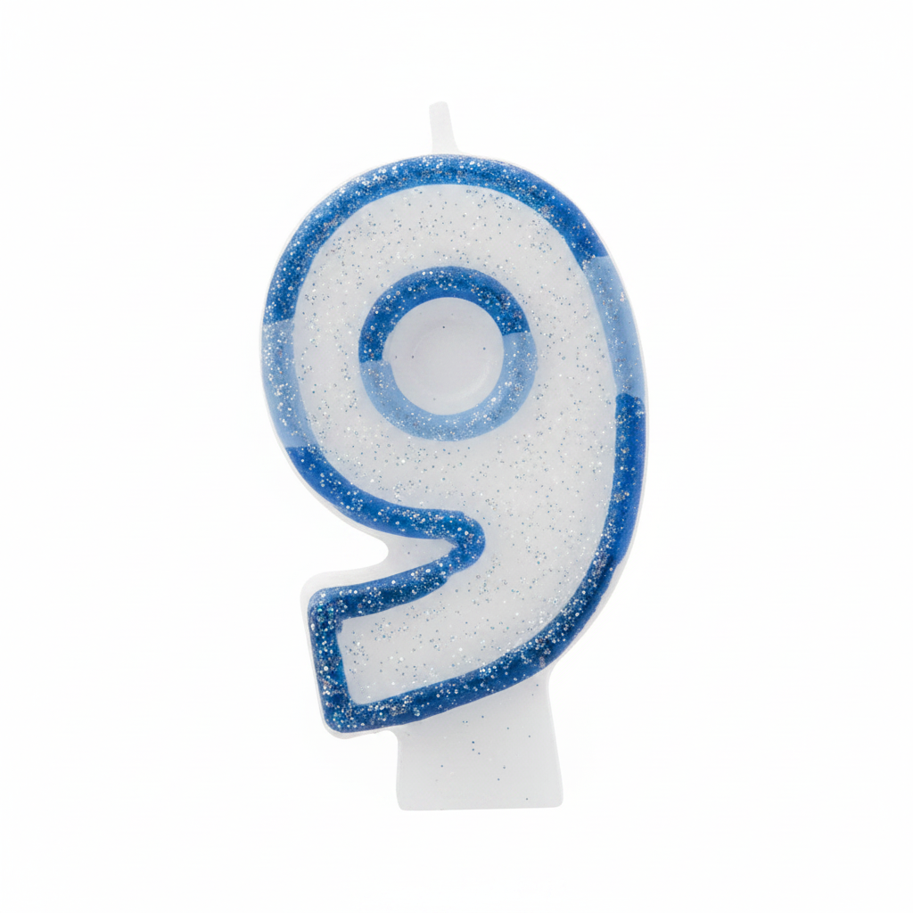Blue glitter number 9 birthday candle on pure white background, studio lighting, Amazon and eBay compliant hero shot