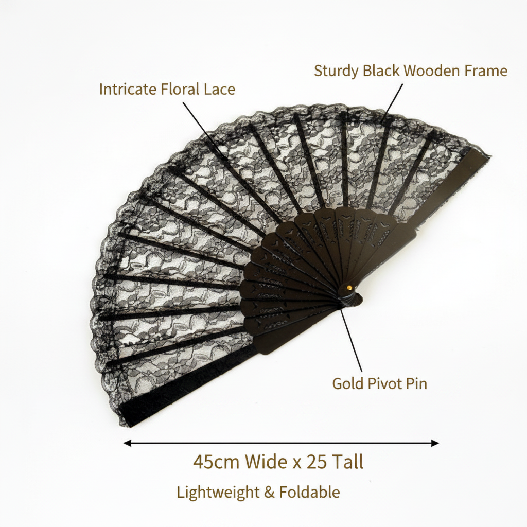 Black lace hand fan product infographic showing key features and dimensions 45x25cm