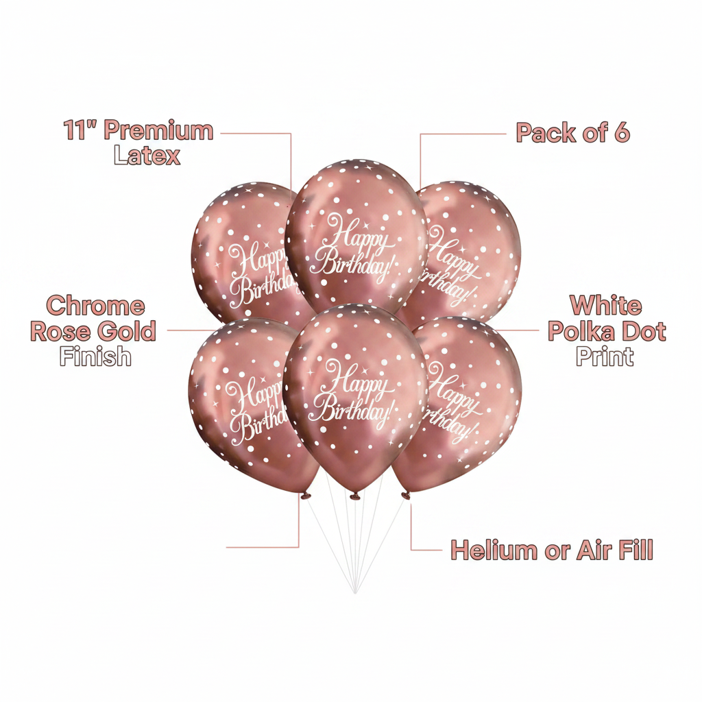 11 inch rose gold chrome metallic Happy Birthday latex balloons pack of 6 - premium feature infographic showing key specs on white background