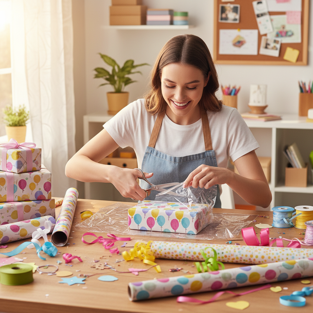 Young woman cutting clear cellophane wrap at a craft table surrounded by colourful wrapping supplies