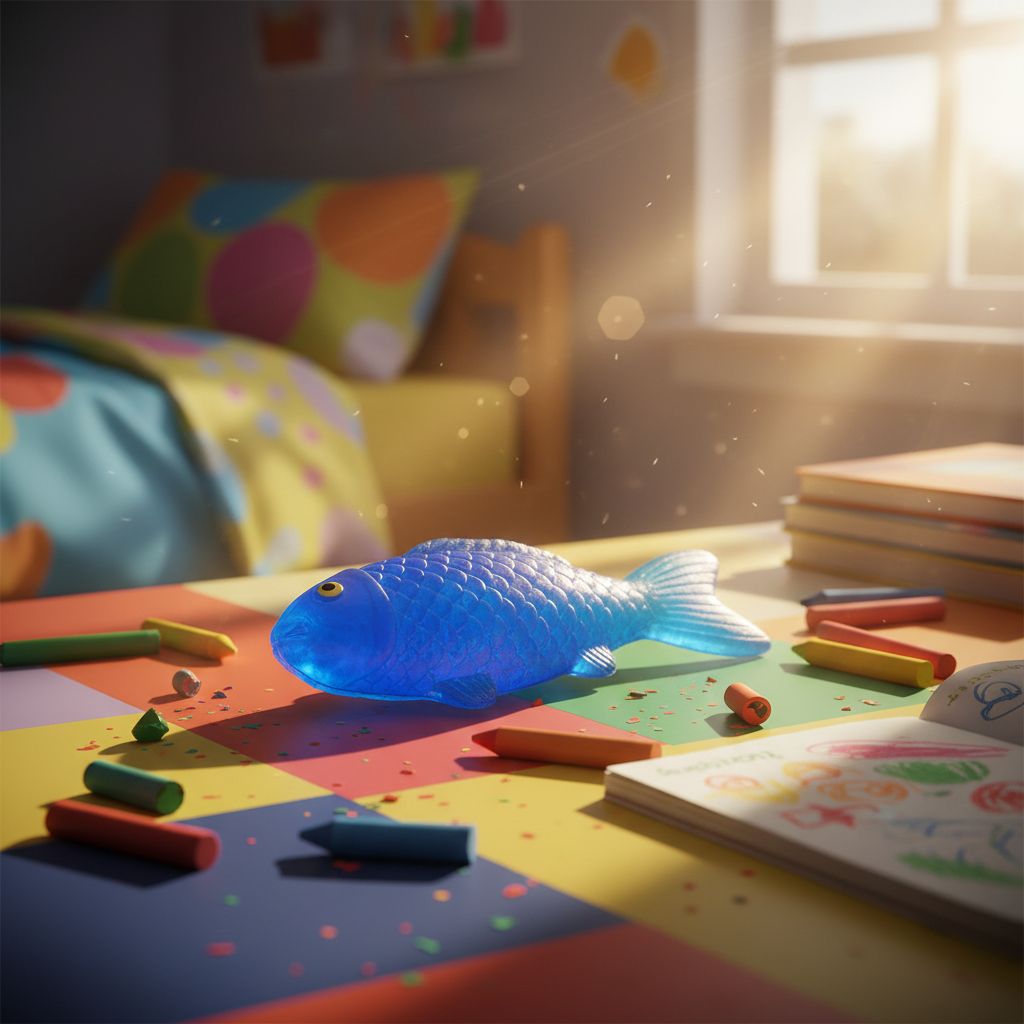Sticky Fish Squishy Squeeze blue toy on a child's desk in warm golden hour light