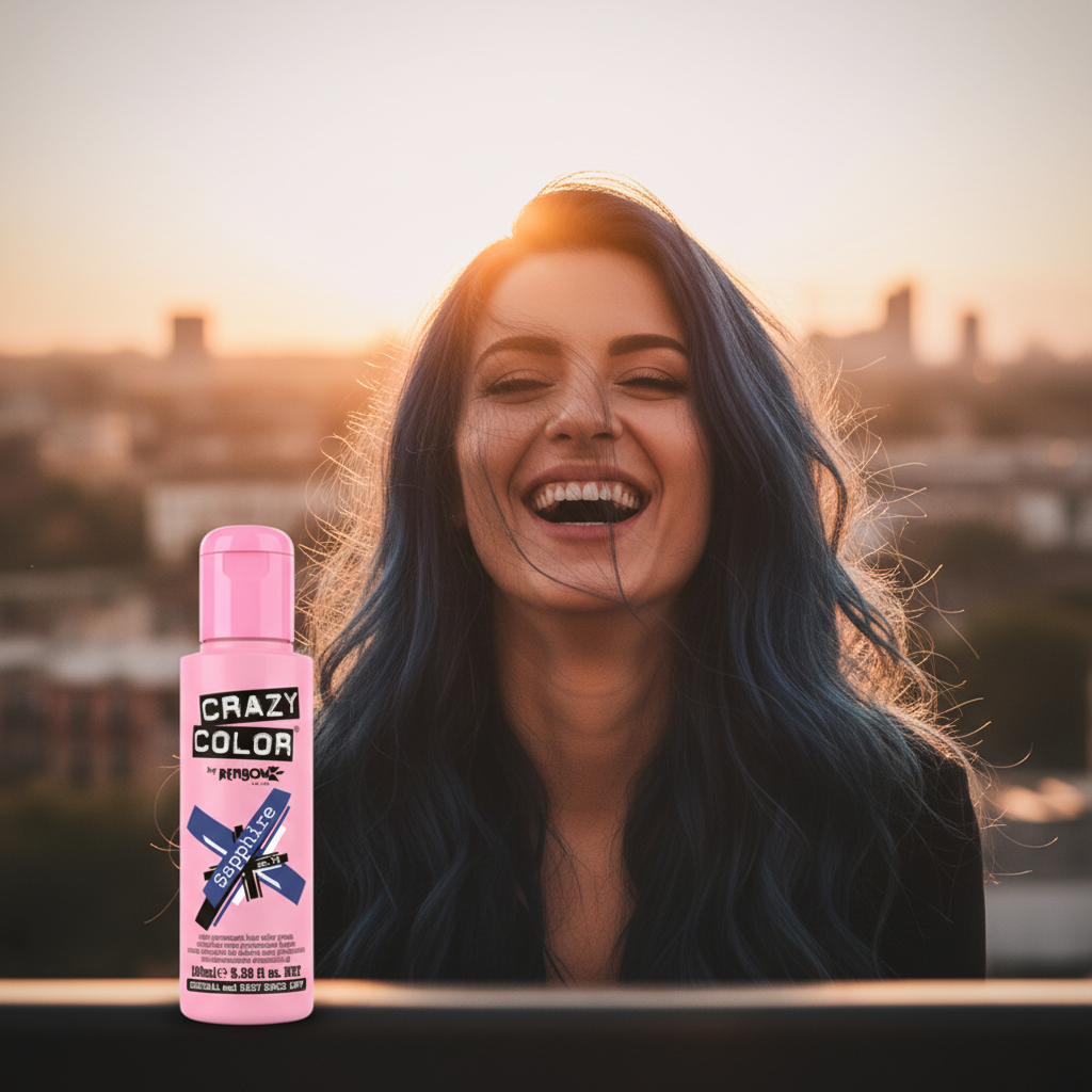 Woman with vibrant sapphire blue hair laughing in golden hour light embodying bold self-expression with Crazy Color