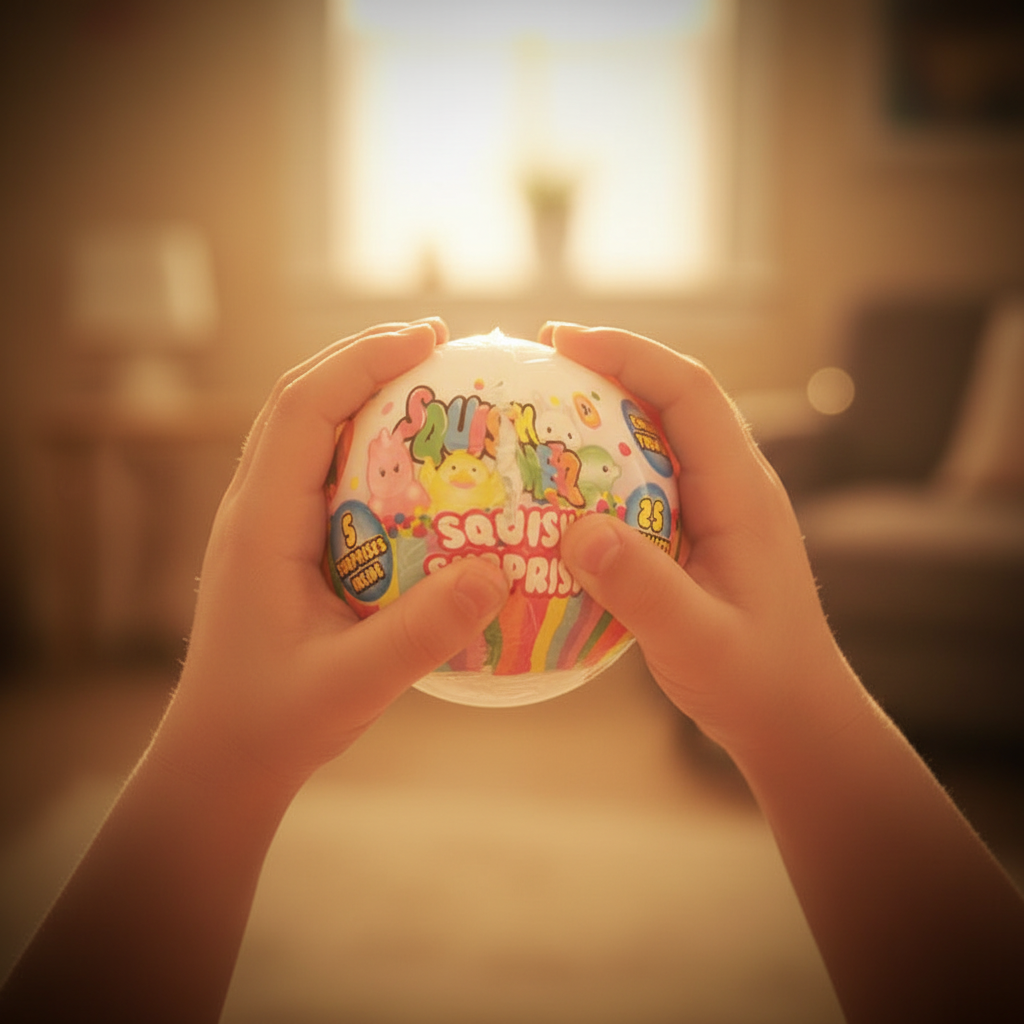 Child holding HTI Squish Surprise Ball with excitement, golden hour warm light, emotional aspirational scene