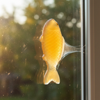 Amber orange squishy sticky fish toy stuck to a glass window showing its sticky action in natural daylight