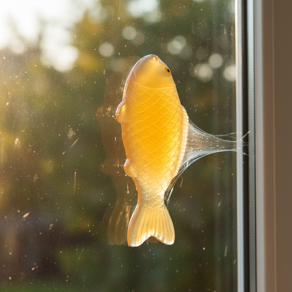 Amber orange squishy sticky fish toy stuck to a glass window showing its sticky action in natural daylight