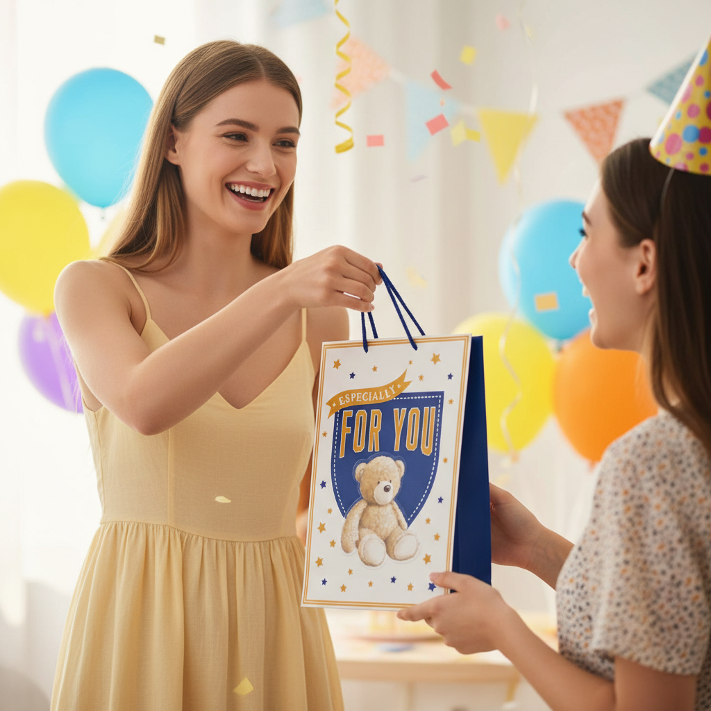 Woman handing a multi-coloured bear gift bag at a birthday party celebration